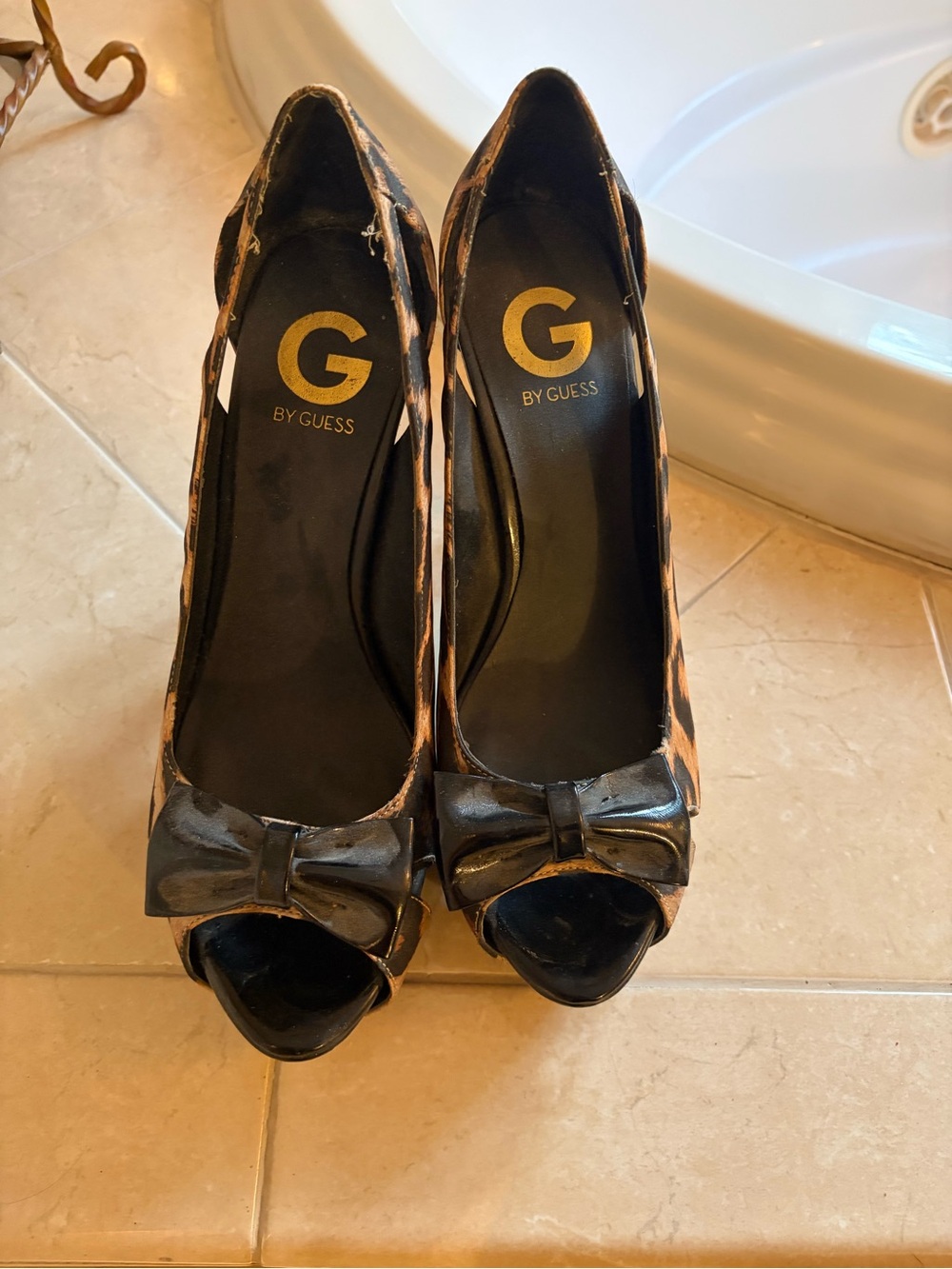 G by Guess Leopard Print Peep-Toe Heels with Black Bow Accent